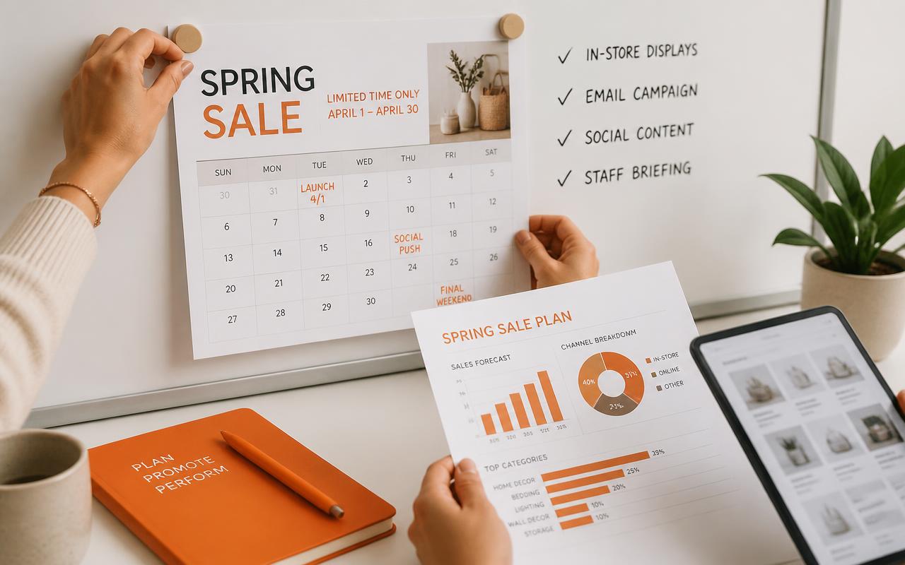 Team planning a spring promotion calendar with performance dashboards