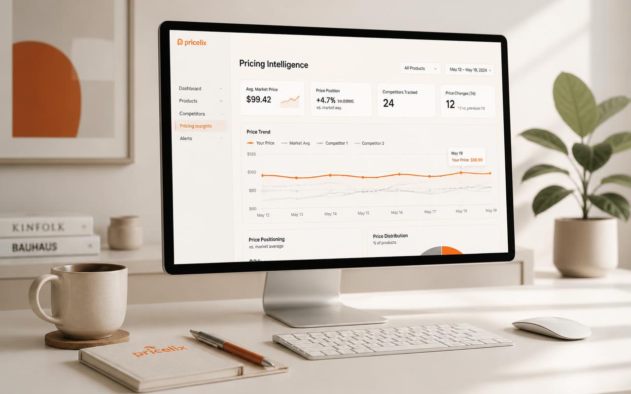 Pricing intelligence dashboard on a desktop showing market trends